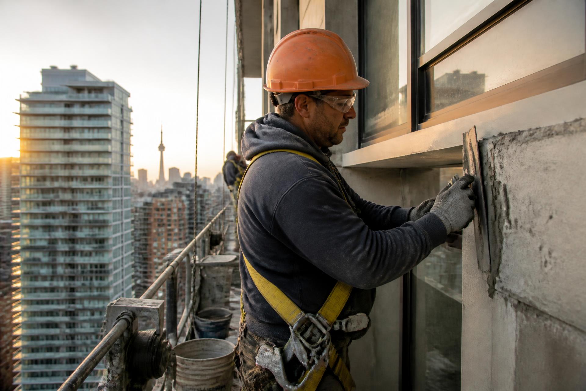 NexBrick tradesperson restoring a Toronto high-rise balcony